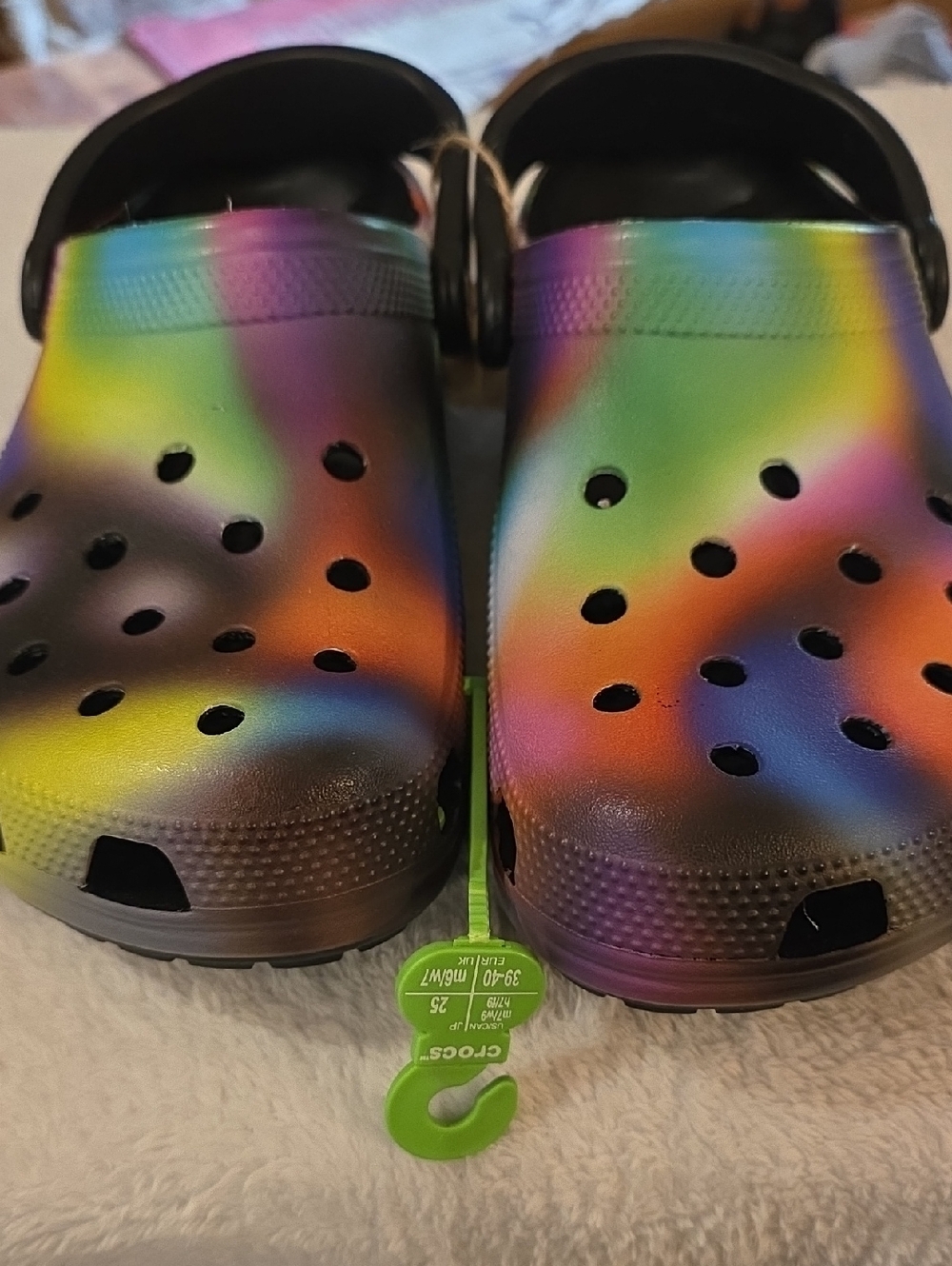 CROCS  Multicolor Tie-Dye Clog Sandals with Black Strap, M7,W9